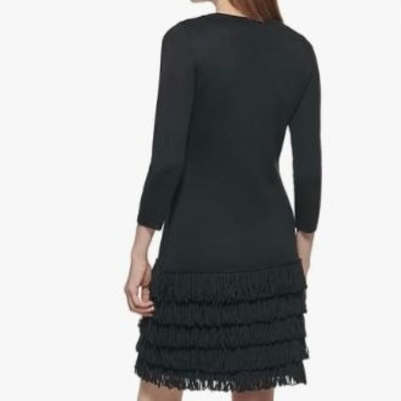 Calvin Klein Sz L Dark Heather Grey 3/4 Sleeves Crew Neck Fringe Sweater Dress - Picture 5 of 14